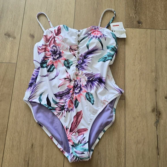 Jessica Simpson Floral Print Button One Piece Swimsuit - Picture 2 of 9